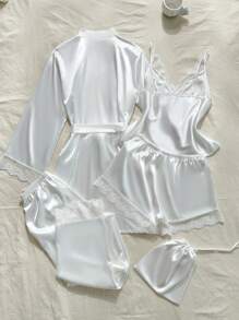 SHEIN 5件套女士蕾丝吊带背心、长裤、短裤、优雅系带睡袍及缎面睡衣套装，四季皆宜，适合户外或居家穿着，秋冬皆宜。 - 白色 - 查看 2