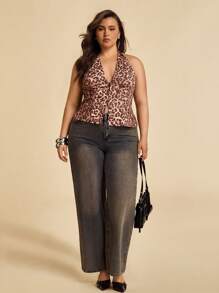 SHEIN BAE Regata de Estampa de Leopardo Vintage Marrom com Decote em V para Mulheres Plus Size, Ideal para Praia, Férias, Encontros, Saídas, Festivais de Música, Festivais de Música Country, Festas, Feriados, Concertos, Carnaval, Estilo Hippie, Traje Profissional - Multicolorido - Visão 4