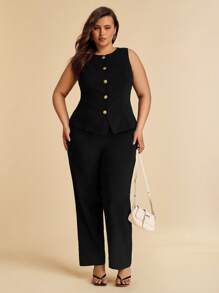 SHEIN BAE Summer Beach Vacation Plus Size Clothing Holiday Clothing Party Gathering, Date Travel, Go Out, Music Festival Clothing, Concert Clothing, Country Music Festival Clothing, Metal Flower Button Commuter Suit Vest Suit Suit Office Suit Work Wear - Black - View 5