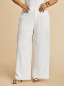 SHEIN BAE Plus Size Women Spring And Summer White Linen Asymmetric Long Wide-Leg Pants, Mid-Waist/High-Waist Pants, Commuting, Going Out, Daily Leisure,Fourth Of July Women,4th Of July,4th Of July Curve, Vacation,Vacay,Club Sexy,Birthday,Airport For Women,Graduation - White - View 5