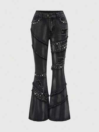 Grunge Punk Pantalones vaqueros ajustados y acampanados con lavado vintage, decorados con remaches, estilo punk rock Y2K