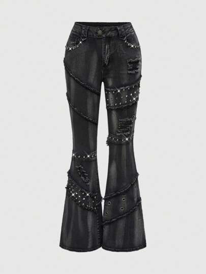 Grunge Punk Y2K Punk Kpop Rock Distressed Rivet Decorated Vintage Wash Skinny Low Waist Flare Jeans