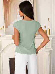 Modelyn Women's Solid Color Round Neck Knot Elegant Work Blouse For Summer - Green - View 2