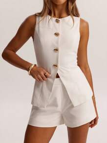 SHEIN BAE Women's Spring And Summer 2-Piece White Solid Color Daily Versatile, Commuting Leisure, Daily Leisure Metal Button Decoration Simple Vest Vest And Wide-Leg Loose Shorts,Graduation Outfit,2 Piece Sets Woman,Wedding Guest Dress Women,Linen Suit - White - View 6