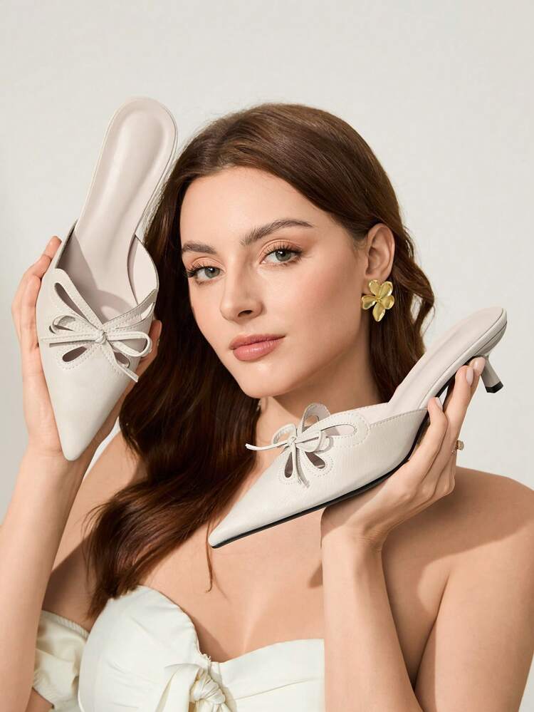 CUCCOO CHICEST Women's Square Toe Bow Cutout Kitten Heel Mules, Elegant Minimalist Apricot Faux Leather High Heels, Suitable For Dress, Tea Date, Party, Office Outfit