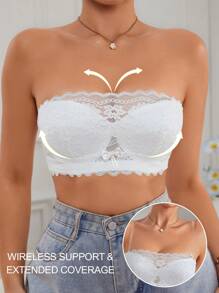 SHEIN Soutien-gorge bandeau sans bretelles fleuri et en dentelle de mode pour femme - Blanc - Voir 3