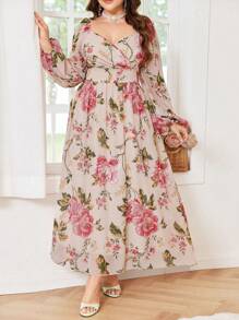 Modelyn Plus Size Floral Print Chiffon Long Sleeve Waist A-Line Midi Dress, Regular Fitting For Spring And Summer
