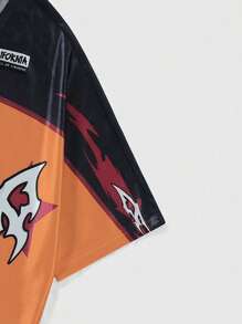 ROMWE MEN Anime 男士动漫印花短袖 V 领 T 恤，现代设计，灵感源自卡通 - 橘色 - 查看 5