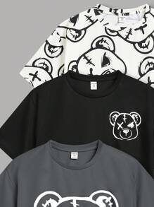 SHEIN Set de 3 camisetas de manga corta de punto holgado con estampado de oso en estilo coreano/japonés para niño preadolescente, 3 colores - Gris - Ver 4