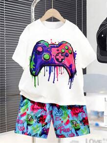 SHEIN 2pcs Tween Boy Spring/Summer New Colorful Game Controller Printed Matching Colorful Printed Knit Shorts, Street-Style, Beach Vacation, School, Campus, College