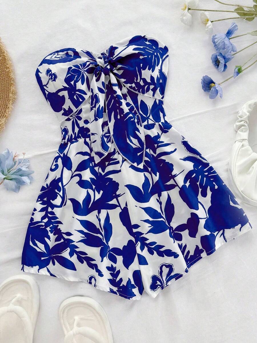 Soleia Mono sin mangas con estampado total y anudado para mujer, para el verano - Azul y blanco - Ver 1