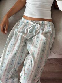 Aloruh بنطلون منزلي مريح كاجوال بطباعة كرتونية جميلة، بنمط شريطي فقاعي' - أخضر - مشاهدة 5