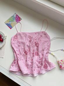 SHEIN EZwear 夏季串珠亮片花卉图案上衣 夏季晚会俱乐部荷叶边闪亮吊带背心 - 粉色 - 查看 6