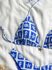 Swim Mod Set de 2 piezas de bikini con parte superior con tirantes finos y espalda descubierta, talla grande Bottom con tiro alto, de estampado aleatorio, para vacaciones de verano - Azul y blanco - Ver 4