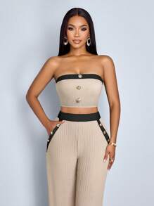 SOLERSUN Bộ áo crop top và quần ống rộng trang trí nút màu cho nữ - Màu be - Xem 3