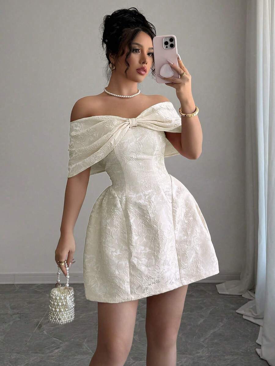 Rafferiza 女士法式甜美蝴蝶结单肩连衣裙女士收腰修身粉色花卉提花中长连衣裙 - 杏色 - 查看 1