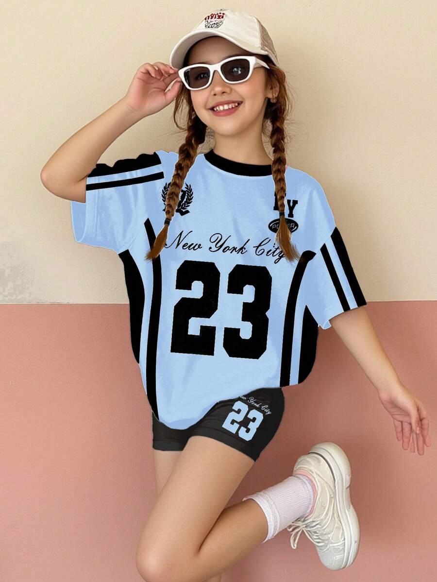 SHEIN Set de 2 piezas de camiseta de manga corta y shorts casual minimalista para niñas preadolescentes, apto para el verano - Multicolor - Ver 1
