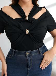 Modelyn Plus Size Asymmetrical Design Twist Knot Metal Button Fitted Elegant T-Shirt, Spring/Summer - Black - View 7