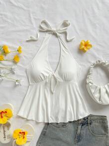 Soleia 白色女士休闲度假V领蝴蝶结露背娃娃装上衣，适合夏季度假 - 白色 - 查看 6