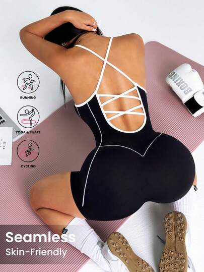 Dewbera 女式无缝交叉后背吊带连体衣黑色运动短裤