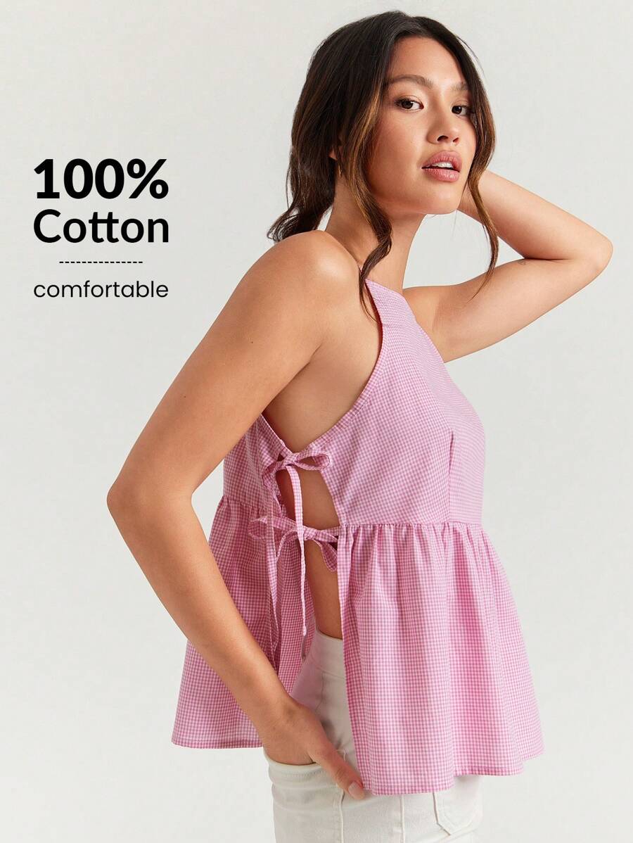 WESTFADE Summer Gingham Checkered Plaid Bow Side Tie Sleeveless A Line Tank Top Cowgirl - Pink - View 1