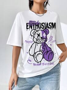 SHEIN EZwear 休闲街头图案字母和卡通熊印花宽松落肩短袖T恤女款，适合夏季 - 白色 - 查看 8