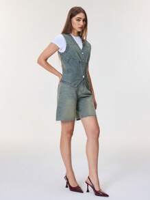 SHEIN BAE Áo khoác denim cổ chữ V cài một hàng khuy đơn giản cho nữ - Rửa nhẹ - Xem 4