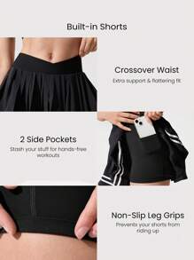GLOWMODE Quick-Dry Court Crossover Waist Contrast Color Pleated Tennis Skirt Built-In Shorts Side Pockets Non-Slip Grips Tennis Golf Pickleball - Black - View 3