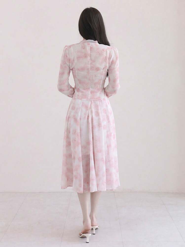 2 Pieces Set: Patterned Tie-Up Blouse And Midi Chiffon Skirt For Women,Fall Women Clothes