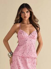 SHEIN BAE 春夏纯色粉色亮片吊带背心，女士露背吊带背心，假日上衣，刺绣亮片上衣，假日沙滩粉色露背上衣 - 粉色 - 查看 5