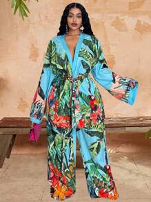 Veslaya 2025 春夏新品音乐节、复活节、西部、波西米亚风、纳什维尔、生日派对、毕业典礼、学生、日常休闲、多功能、休闲、度假、邮轮、海滩、日光浴休闲度假蓝绿色长袖开衫。热带花卉和植物印花宽松上衣/松紧腰裤大码女式两件套 - A - 綠色 - 查看 4