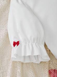 SHEIN Explorewe Camicia con colletto arricciato ricamato, maniche a sbuffo e fiocco decorativo sul davanti per ragazze pre-adolescenti - Bianco - Visualizzare 7