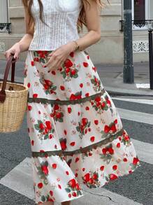 Chiquease Elegant Elastic Waist Floral Lace Patchwork A-Line Skirt - Apricot - View 4