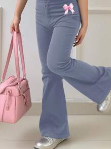 SHEIN Set de 2 piezas compuesto por una parte superior de manga corta de cuello redondo y pantalones largos de diseño sencillo y casual, adecuado para el verano, para niña joven - Gris Claro - Ver 4