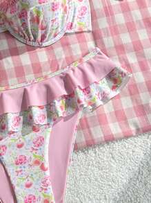 Swim Mod 2pcs Women Summer Beach Holiday Sweet Cute Random Floral Print Wire-Free Push Up Ruffled Swimsuit Set - Multicolor - View 3