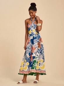 Travachic 女士夏季度假花卉印花流苏后领中长连衣裙、女士夏季服装、女士热带连衣裙、热带印花、女士沙滩装、复古风格女士、夏季太阳裙、女士夏季连衣裙、毕业装、复古风格女士、夏季太阳裙、母亲节、母女装 - 棕色 - 查看 1