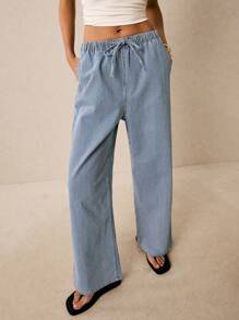 Poéselle 女士牛仔裤 条纹牛仔裤 带口袋 腰带阔腿牛仔裤 女士条纹印花系带牛仔裤 女士裤子 波西米亚风夏季 Y2k 下装 音乐会节 - 中等水洗藍 - 查看 3