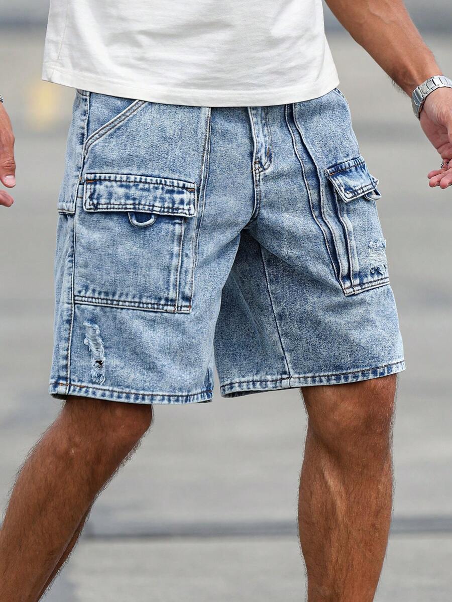 Manfinity Homme Quần short denim rách nhiều màu sắc giản dị dành cho nam - Màu xanh lam - Xem 1