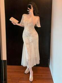 DAZY 1 件女式闪亮亮片美人鱼风格披肩领连衣裙，网眼拼布婚礼派对礼服 - 香檳色 - 查看 4