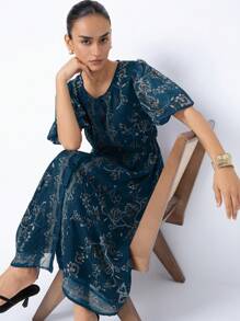 Aveloria Modichic Retro Style Chiffon Puff Sleeve Round Neck Single Breasted Dress - Dark Green - View 5