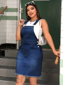 SHEIN ICON 大码女式休闲毛边紧身牛仔连衣裙，学院风 - 深色水洗藍 - 查看 3