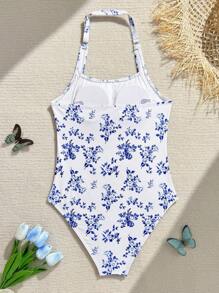 SHEIN 1 bộ đồ bơi một mảnh cổ yếm in họa tiết hoa cổ điển, thích hợp cho bãi biển, kỳ nghỉ, lướt sóng, hồ bơi, mùa hè, dành cho bé gái tuổi teen - Nhiều màu - Xem 2