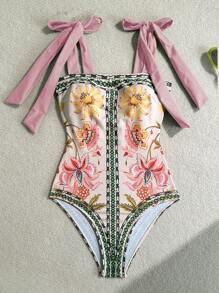 Soleia 女士热带花卉印花吊带交叉蝴蝶结连体泳衣，适合海滩 - 粉色 - 查看 4