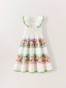 SHEIN Vestidos com Babados na Barra e Estampa Tropical para Meninas Jovens no Verão - Multicolorido - Visão 9