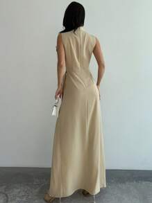 Firerie Women's New Apricot Sleeveless Waist Pleated Hem Long Dress, Elegant Commuter Dress, Waist A-Line Dress, Small Stand-Up Collar Dress, Apricot Dress, Spring, Summer And Autumn Clothing, Commuting, Elegant, Mother's Day, Teacher's Day, Work Clothing,Graduation,Teacher Outfits For Women,Teacher Dress - Apricot - View 7