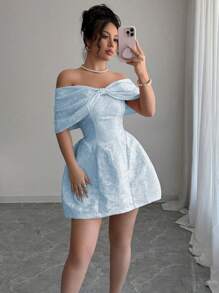 Rafferiza 女式可爱蝴蝶结露肩连衣裙，女式高腰修身提花面料连衣裙，粉色 - 藍色 - 查看 3