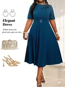 Fleurora  Spring And Summer Casual Blue Elegant Boho Knitted Round Neck Flared Flounce Sleeve Flounce Pleated Midi Short Sleeve Plus Size Dresses Vacation Outfits Woman Beach Outfits For Woman Vacation Vacation Outfits Women Beach Vacation Outfits Beach Wedding Guest Dress Sundress Spring Outfits For Women - Blue - View 1