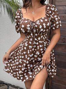 Sunnyshic Plus Size Women's Off Shoulder Ditsy Floral A-Line Dress, Vacation - Brown - View 6