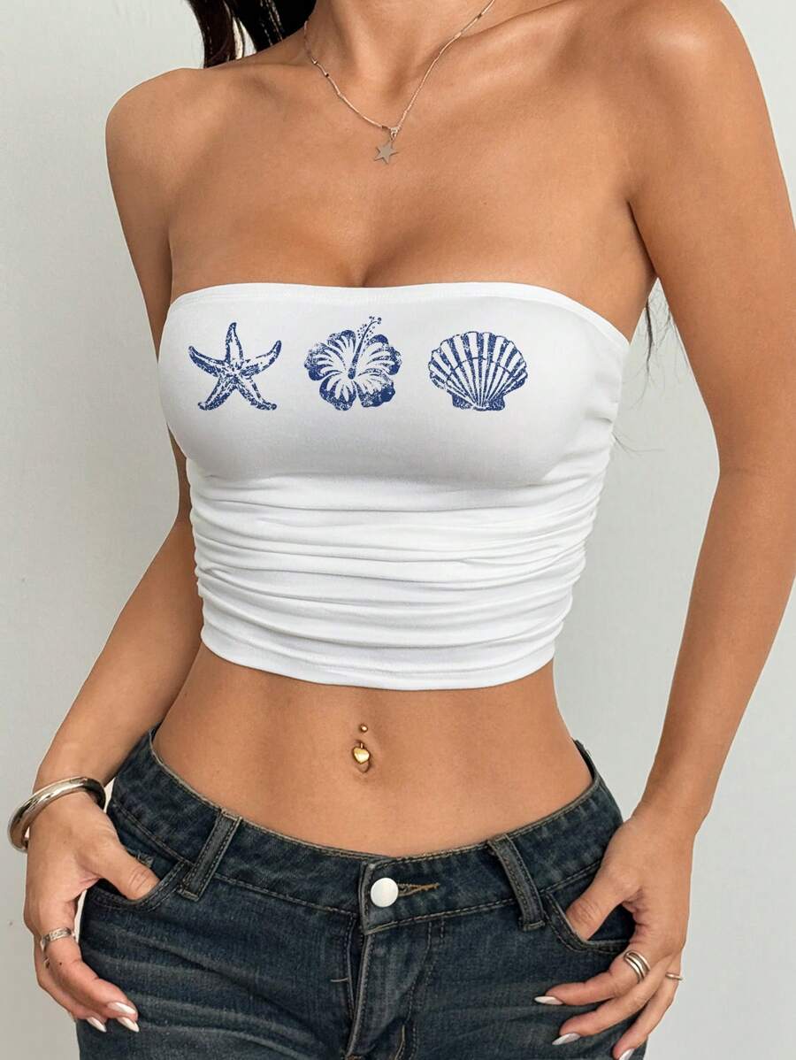 SHEIN EZwear Casual Minimalist Ruched Body Floral, Seashell & Starfish Print, Ocean Vacation Pattern Bandeau Tube Top, Versatile For Summer, Vacation, Music Festivals, Girls Trips - Multicolor - View 1