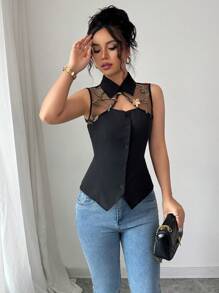 Elenzga Women Casual 3D Rose Mesh Patchwork Blouse (Random Floral Print), Summer - Black - View 6